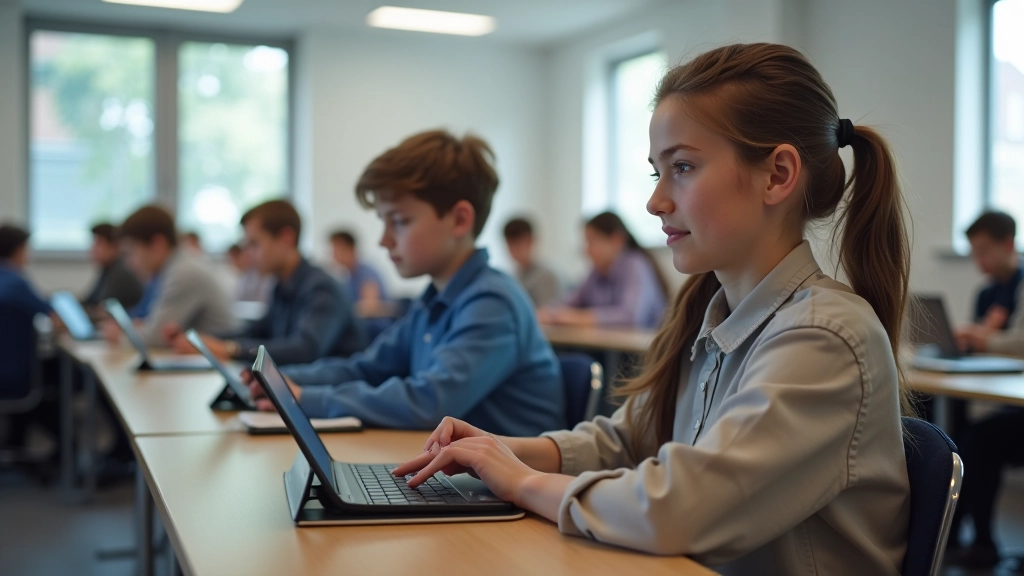 Õpilased kasutavad tahvelarvuteid tunnis, ühendatud digitaalse klassiruumiga