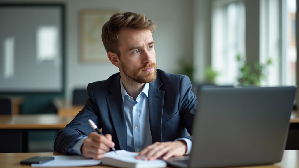 Õpetaja istub arvuti juures, planeerib nutika klassiruumi õppetunde
