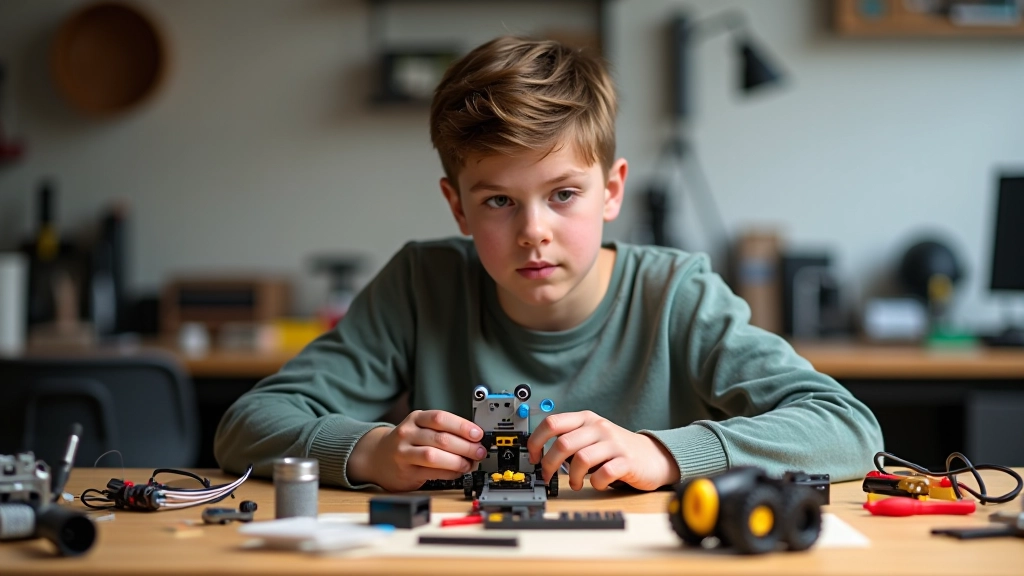 Noor insener koondab robotit LEGO osadest ja kaablitest töölaual