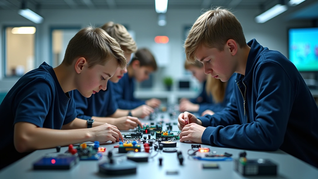 Noored inimesed laboris töötavad elektroonikaelementidega, projektiplatvormid ja komponendid laual, koostöö